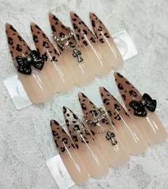 103 ヒョウ柄 リボン ギャル ロング ネイルチップ