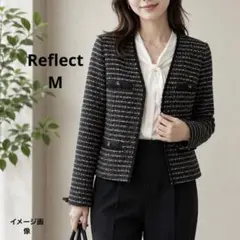 Reflect ツイードジャケット ノーカラー ボーダー ラメ糸 黒白 Mのサムネイル