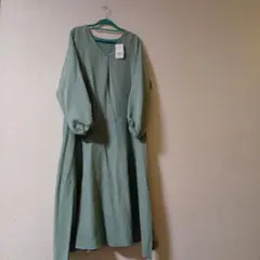 B品ブルーグリーン Vネック 長袖ワンピース フリーサイズ