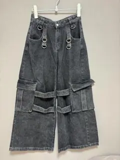 ダークグレー カーゴデニムパンツ ワイドレッグ