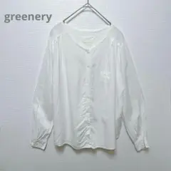 【グリーナリー】ノーカラーシャツ　Vネック　ややシアー　ホワイト　羽織り　M