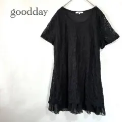 半袖チュニック 総レース 花柄 裾フリル 上品 カジュアル 夏 L ブラック