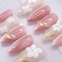 604 ネイルチップSサイズ 韓国 ピンク マグネット 立体フラワー 上品