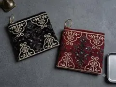 刺繍リボン ミニポーチ コインケース 小物入れ ブラックのサムネイル