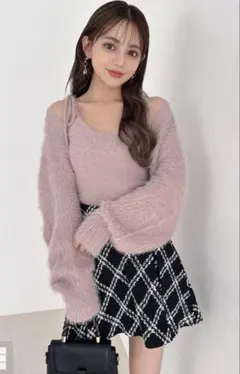 ダイヤチェック柄ツイードフレアミニスカート[mei37]