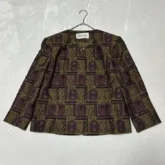 80’s 90’s ノーカラージャケット オリーブ 紫 ジャガード バブル期