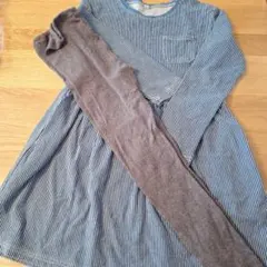 無印良品 子供服 長袖ストライプデニム風ワンピース 140cm レギンス付き