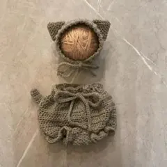 【ニューボーンフォト】手編み ねこコスチューム2点セット（ダークグレージュ）