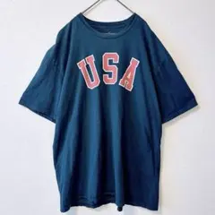 USA プリントTシャツ 2XL USA製 ネイビー 古着　半袖　ビッグサイズ