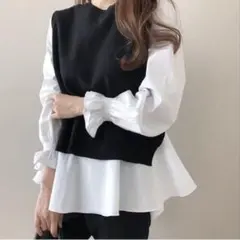 ベストシャツセット ベストシャツセット ニットベスト トップス 重ね着風 L