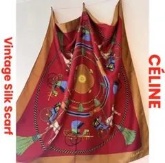 CELINE ヴィンテージセリーヌ　馬車　ロープ　シルク大判スカーフ　えんじ色