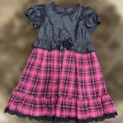 【140】黒とピンクのチェック柄半袖ワンピース