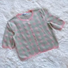 【ZARA】チェック柄 半袖カーディガン ピンク×グリーン トップス