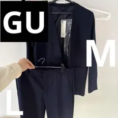 《美品》GUネイビー ベルテッドカラーレスジャケット セットアップ