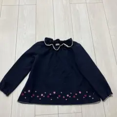 ネイビー 花柄　フリルネック　長袖カットソー 130cm