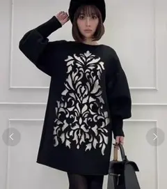 エイミーイストワール ダマスク柄ダンボールカットアウト 長袖ワンピース黒