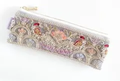 インド刺繍リボン（両面）　スリムペンケース　鳥　紫