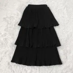 ティアードフレアスカート　アコーディオンプリーツ　ロング丈　ウエストゴム　黒