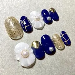 【現品ネイルチップ】ネイビー　上品　イベント　花　ぷっくり