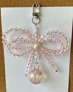 ハンドメイド ビーズストラップ リボン ピンク 大人かわいい 韓国風 チャーム