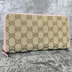 極美品 GUCCI GGキャンバス ラウンドファスナー 長財布 ピンク - メルカリ