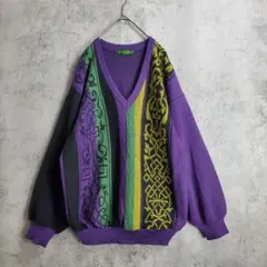 【ヴィンテージ】古着 ニット セーター リブ 総柄 黒 紫 緑 カーキ レトロ