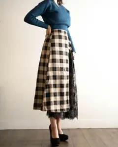 チェック柄×レース切替 アシンメトリー ロングスカート