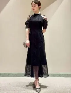スナイデル シアーショルダーレースドレス グレー ロングワンピース