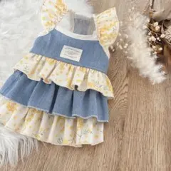 ハンドメイド　ミモザ×デニム　肩フリル3段ティアードワンピース