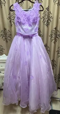 ラベンダーピンク ロングドレス L 花柄レース シフォン 綺麗 カバーあり