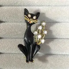 黒猫クリスタル　ブローチ　ヴィンテージ