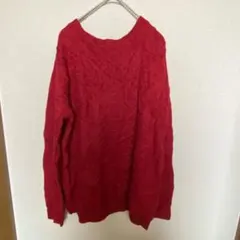 赤 ケーブル編み 長袖 ニットセーター レッド 冬 レディース【M】