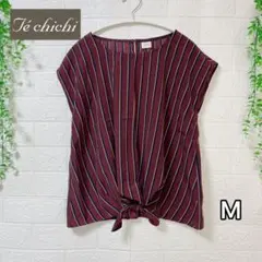 美品 Te chichiテチチ フロント裾リボン ストライプブラウス ボルドーM