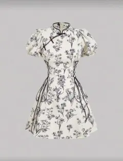 フラワープリント ミニドレス パフスリーブ