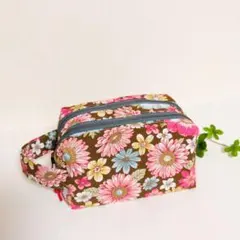花柄　ダブルファスナーポーチ　双子ポーチ　お化粧ポーチ　ペンケース　ハンドメイド