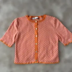 美品　ZARA チェック柄 半袖カーディガン オレンジ Sサイズ