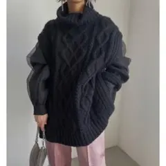 美品 アメリ 切替ニット コットンキャンディスリーブ フリーサイズ 黒ハイネックのサムネイル