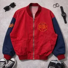 90s 刺繍ロゴ ブルゾン 赤 ネイビー 配色 切替 ジャケット L相当 古着