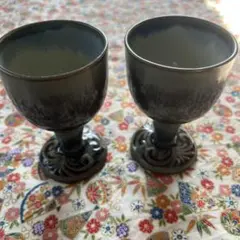 陶器製 ゴブレット ワイングラス 2個セット グリーン系