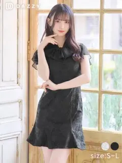 ネックリボンフラワーレースフリル袖マーメイドミニ丈キャバドレス S