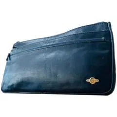 【良品】ポーチ 3段ファスナー ネイビー レザー 紺 ゴールド金具 無地