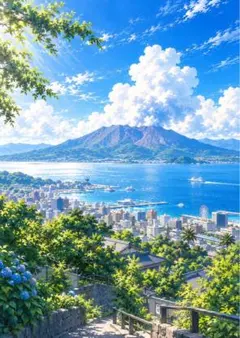 【イラスト】桜島と鹿児島市街の絶景 アートポスター