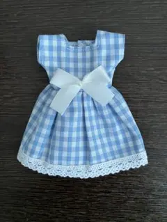 リカちゃん 着せ替え服 水色チェックワンピース　ハンドメイド