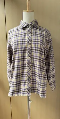 【銀の鈴】紫と黄のチェック柄長袖シャツ