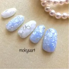 mokyuart48＊フラワーネイル　ネイルチップ　サックスブルー　浴衣ネイル