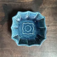 珉平焼 青釉陽刻網代に蔦葉文 角小皿 豆皿 手塩皿 淡路焼 江戸期 骨董_
