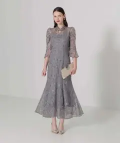 Leja スパンコール花柄パフスリーブマーメイドワンピースドレス