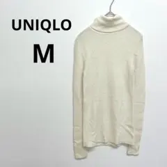 ユニクロ▶タートルネックニット 白 ウール100% リブ 長袖 M