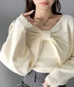 オフショルダー 2way リボン ニット 長袖 アイボリーのサムネイル