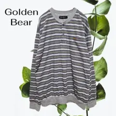 ゴールデンベア 長袖Tシャツ【M】グレー ストライプ ロゴ刺繍 胸ポケット